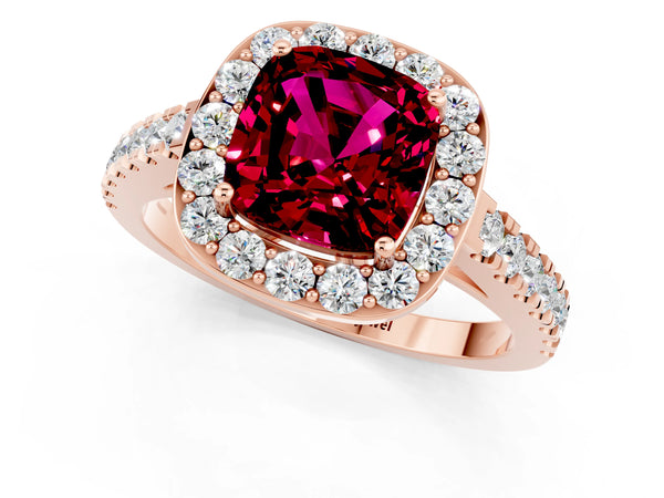 Rose gold Cushion Cut Garnet Halo Ring with Round Pavé Split Shank and Prong Setting
