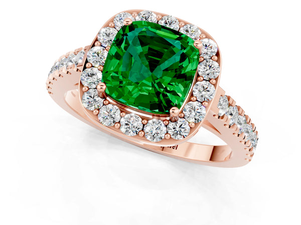 Rose gold Cushion Cut Emerald Halo Ring with Round Pavé Split Shank and Prong Setting