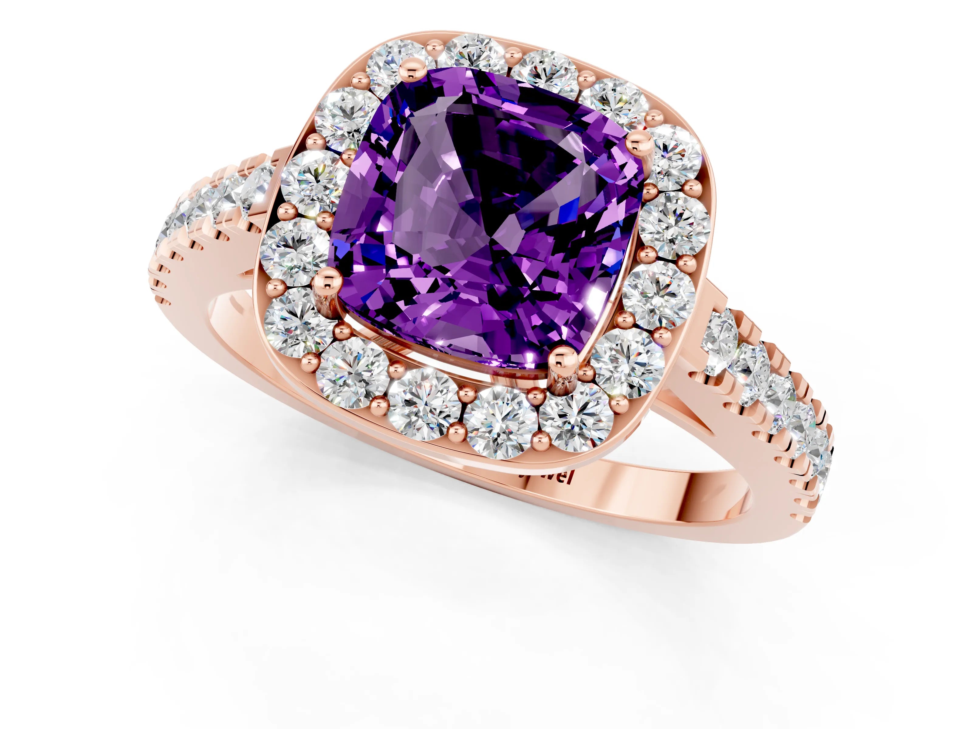 Rose gold Cushion Cut Halo Diamond Ring with Pavé Band and Three-Prong Setting_1