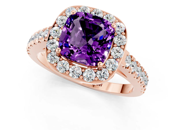 Rose gold Cushion Cut Amethyst Halo Ring with Round Pavé Split Shank and Prong Setting