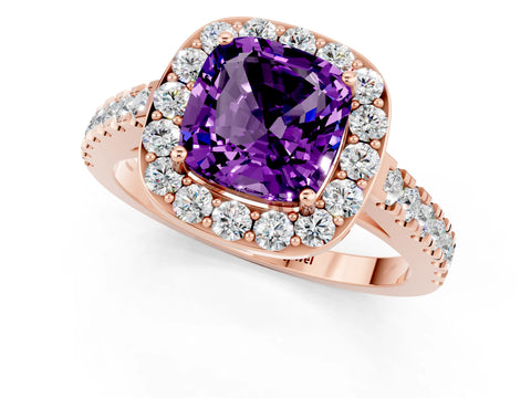 Rose gold Cushion Cut Halo Diamond Ring with Pavé Band and Three-Prong Setting_1