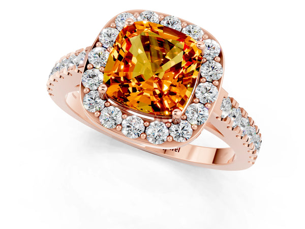 Rose gold Cushion Cut Citrine Halo Ring with Round Pavé Split Shank and Prong Setting