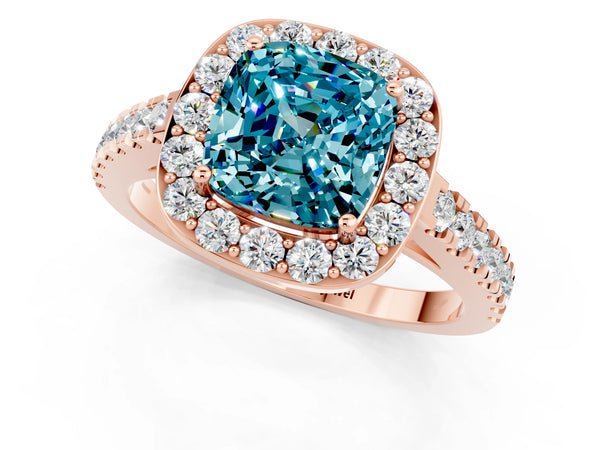 Rose gold Cushion Cut Halo Diamond Ring with Pavé Band and Three-Prong Setting