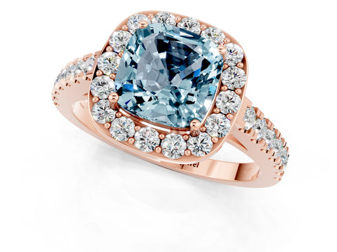Rose gold Cushion Cut Halo Diamond Ring with Pavé Band and Three-Prong Setting_1