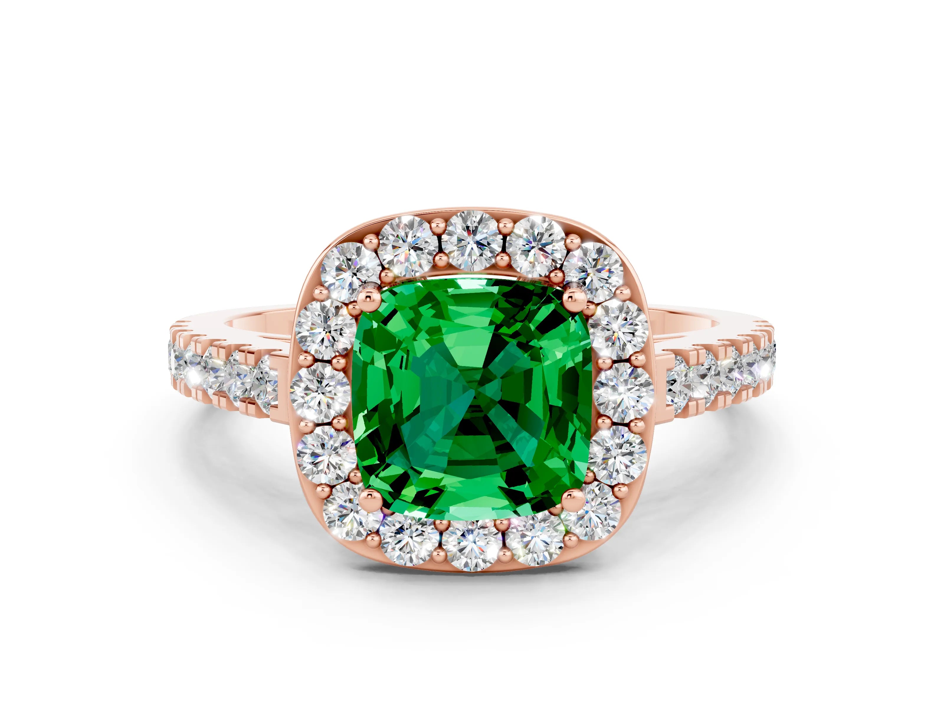 Rose gold Cushion Cut Halo Diamond Ring with Pavé Band and Three-Prong Setting
