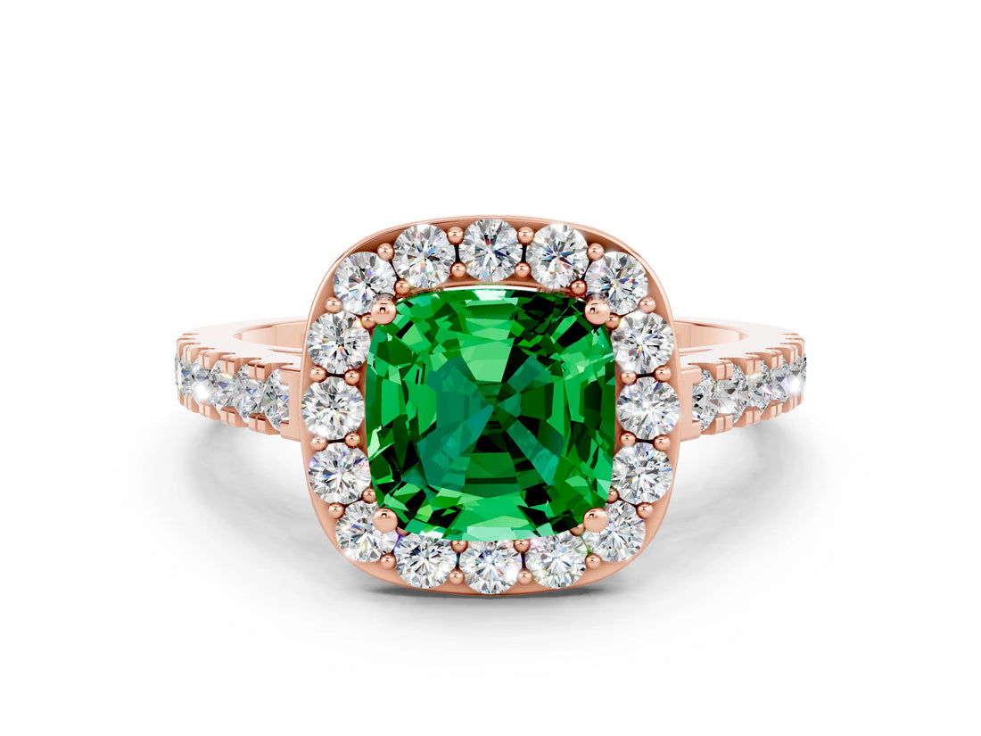 Rose gold Cushion Cut Halo Diamond Ring with Pavé Band and Three-Prong Setting