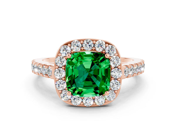 Rose gold Cushion Cut Emerald Halo Ring with Round Pavé Split Shank and Prong Setting