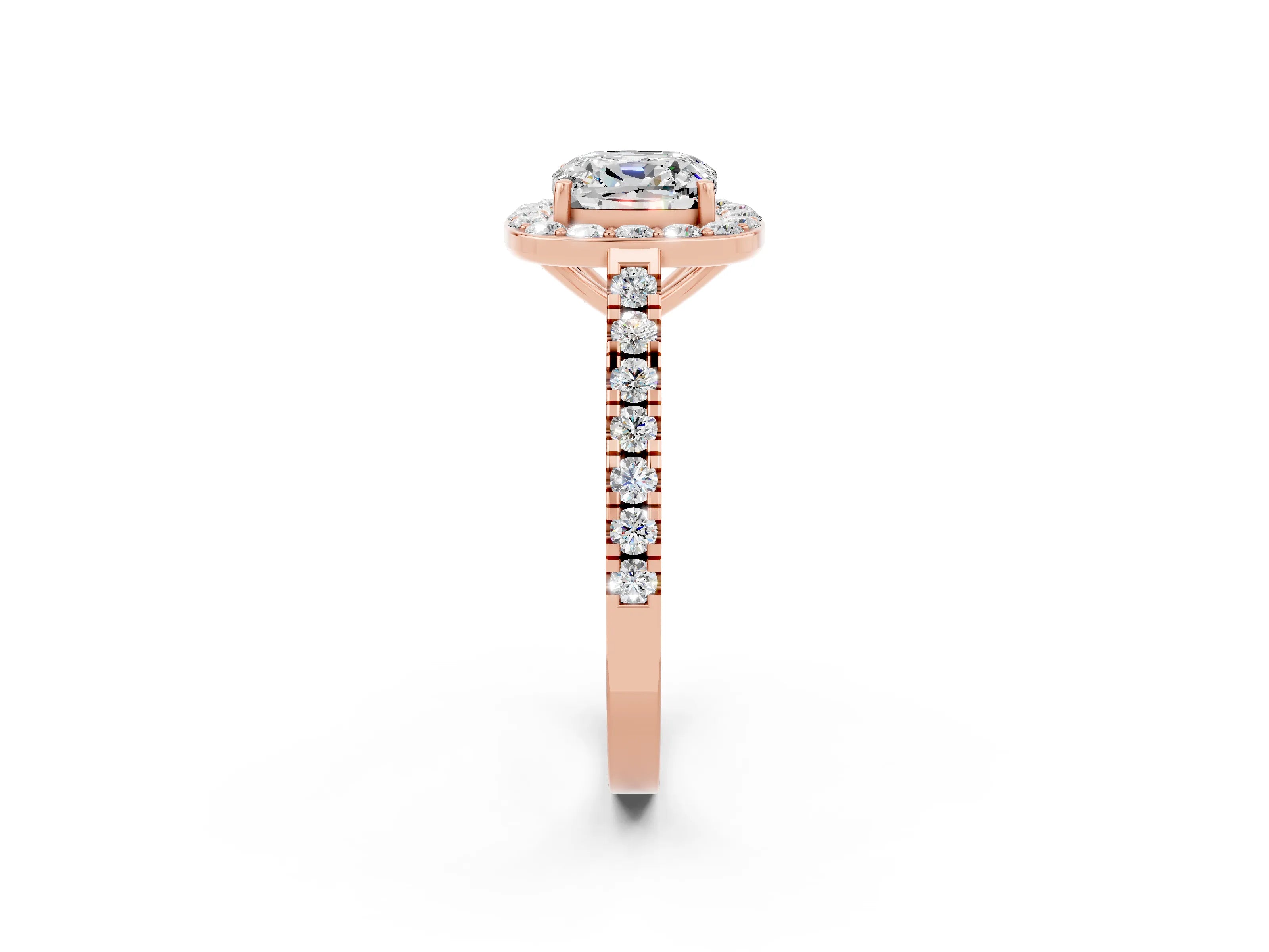 Rose gold Cushion Cut Halo Diamond Ring with Pavé Band and Three-Prong Setting_2