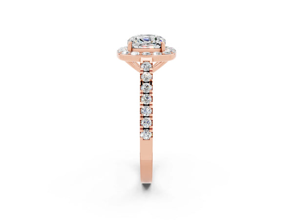 Rose gold Cushion Cut Moissanite Halo Ring with Round Pavé Split Shank and Prong Setting