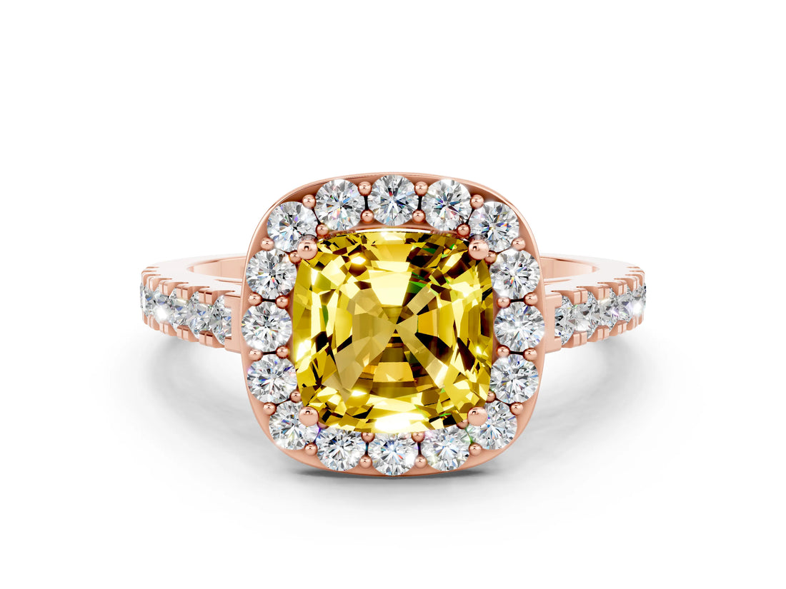 Rose gold Cushion Cut Halo Diamond Ring with Pavé Band and Three-Prong Setting