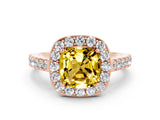 Rose gold Cushion Cut Halo Diamond Ring with Pavé Band and Three-Prong Setting
