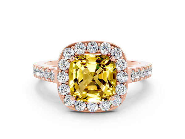 Rose gold Cushion Cut Yellow Sapphire Halo Ring with Round Pavé Split Shank and Prong Setting
