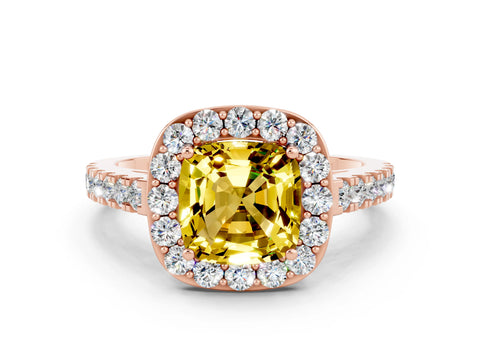 Rose gold Cushion Cut Halo Diamond Ring with Pavé Band and Three-Prong Setting