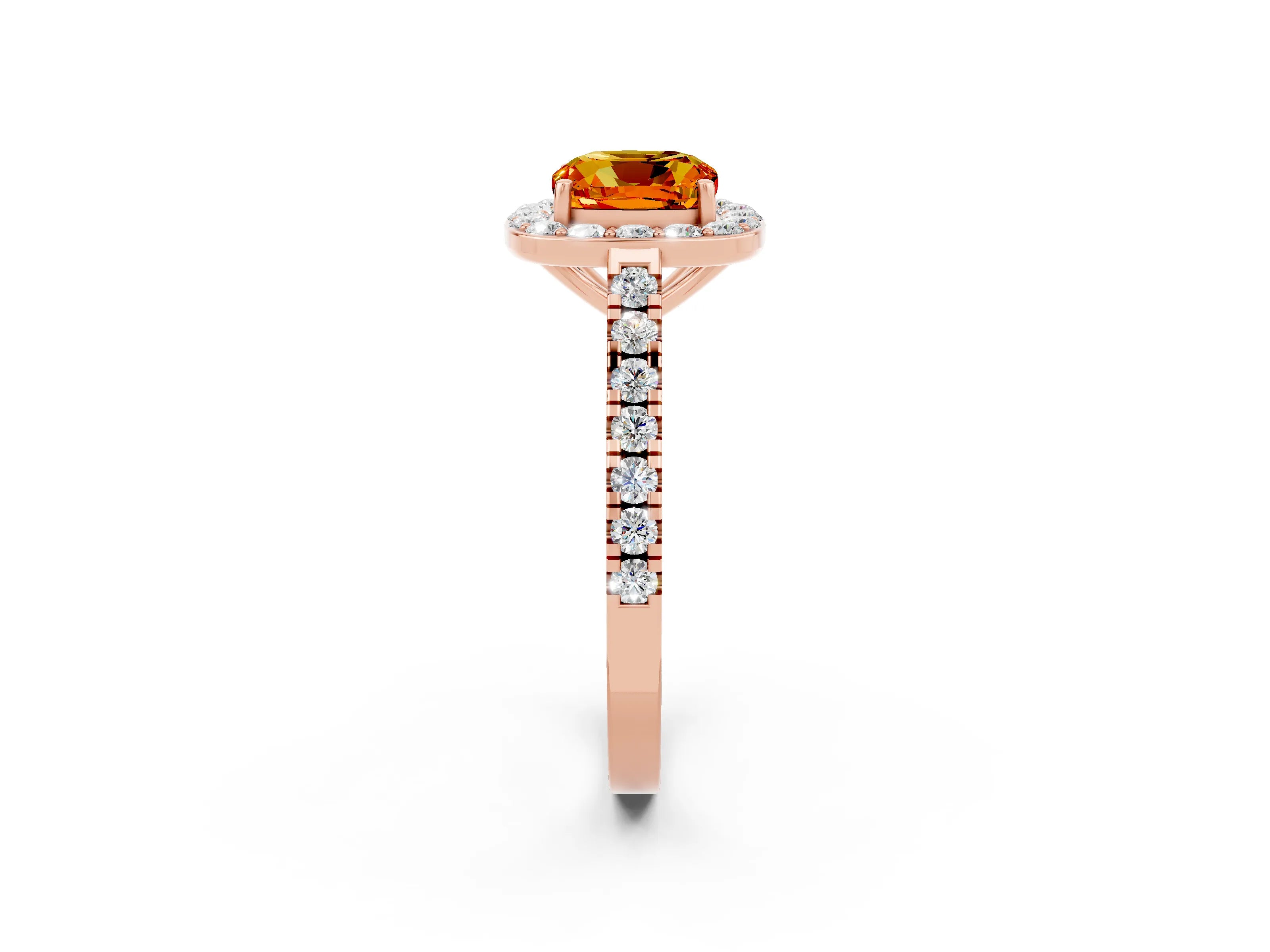 Rose gold Cushion Cut Halo Diamond Ring with Pavé Band and Three-Prong Setting_2
