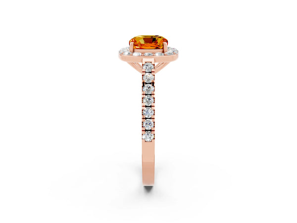 Rose gold Cushion Cut Citrine Halo Ring with Round Pavé Split Shank and Prong Setting