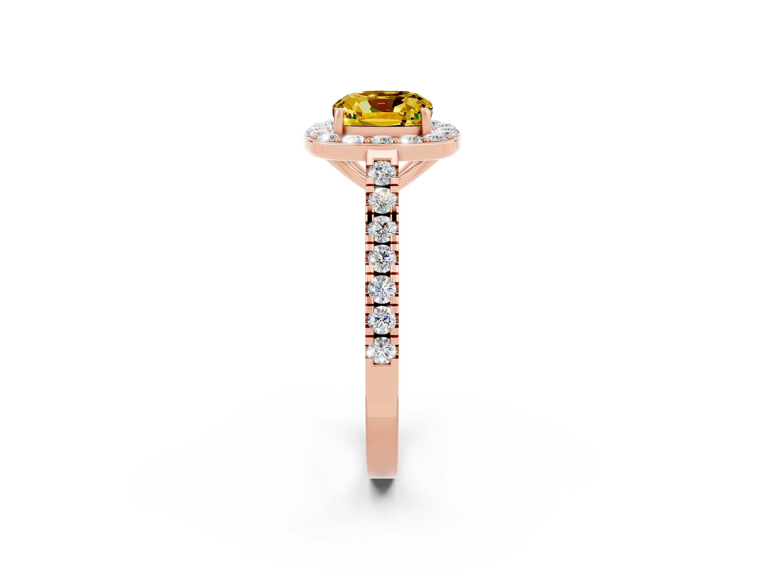 Rose gold Cushion Cut Halo Diamond Ring with Pavé Band and Three-Prong Setting_2