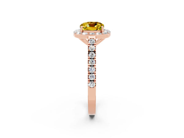 Rose gold Cushion Cut Yellow Sapphire Halo Ring with Round Pavé Split Shank and Prong Setting