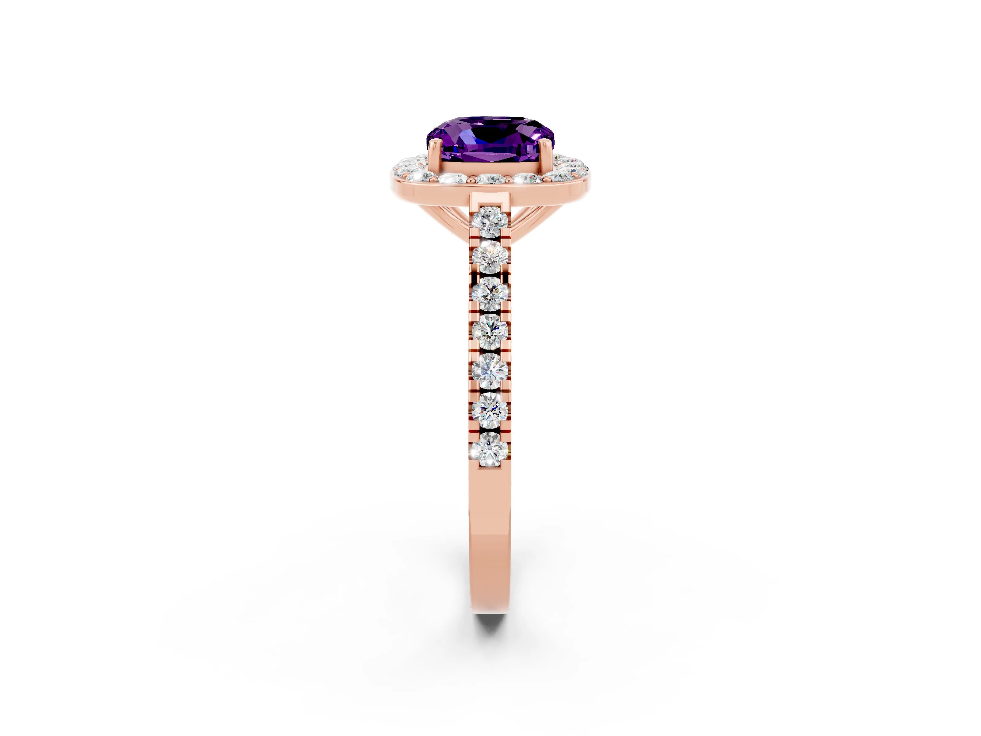 Rose gold Cushion Cut Halo Diamond Ring with Pavé Band and Three-Prong Setting_2