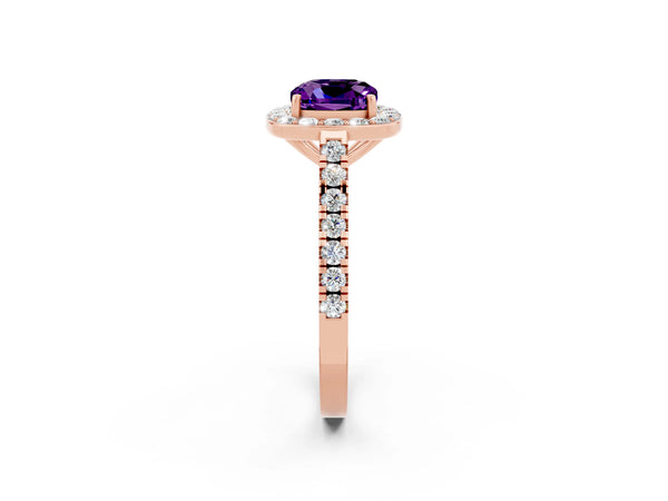 Rose gold Cushion Cut Amethyst Halo Ring with Round Pavé Split Shank and Prong Setting