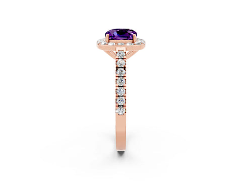 Rose gold Cushion Cut Halo Diamond Ring with Pavé Band and Three-Prong Setting_2