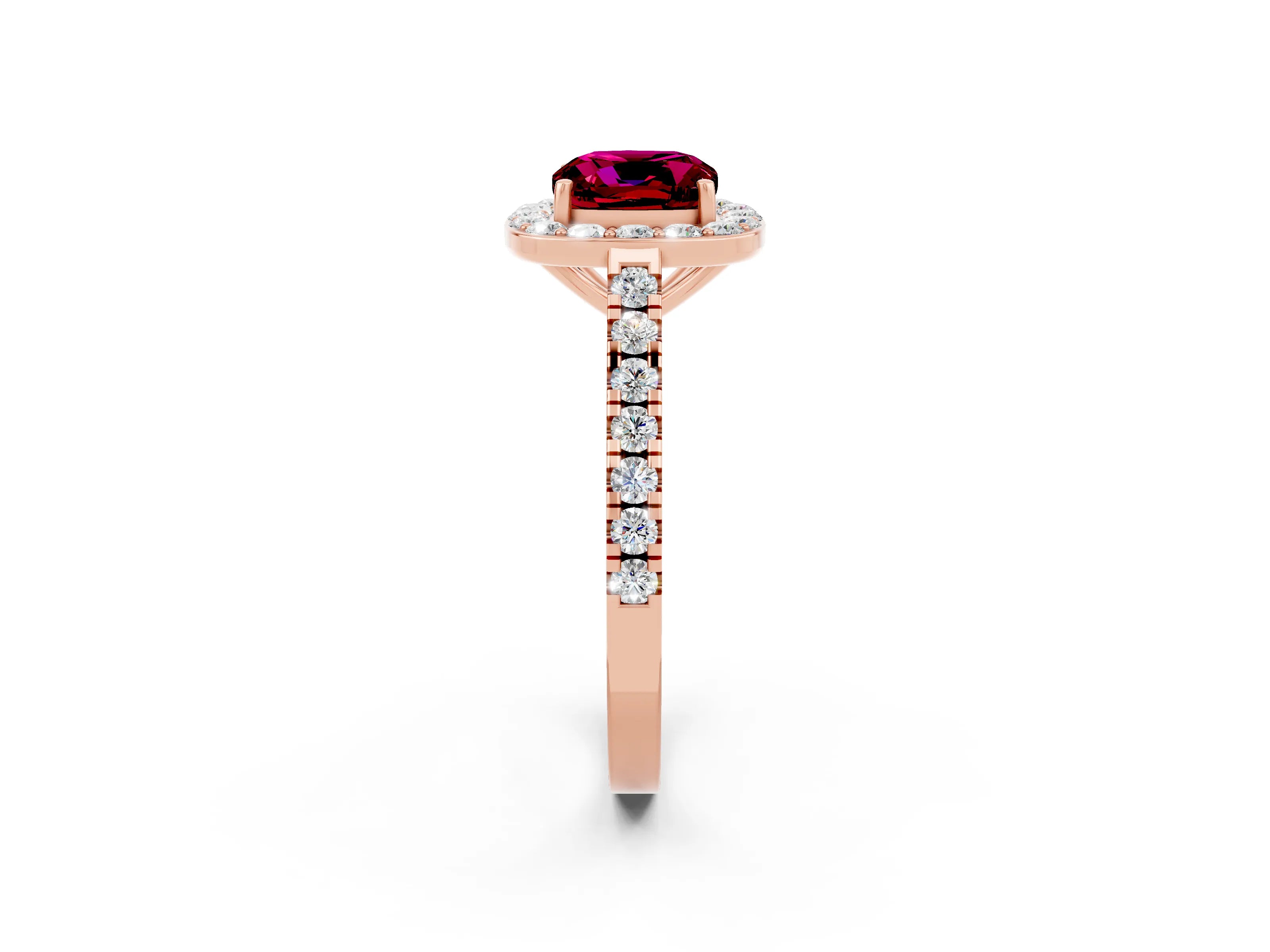 Rose gold Cushion Cut Halo Diamond Ring with Pavé Band and Three-Prong Setting_2