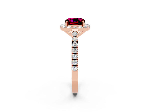 Rose gold Cushion Cut Garnet Halo Ring with Round Pavé Split Shank and Prong Setting