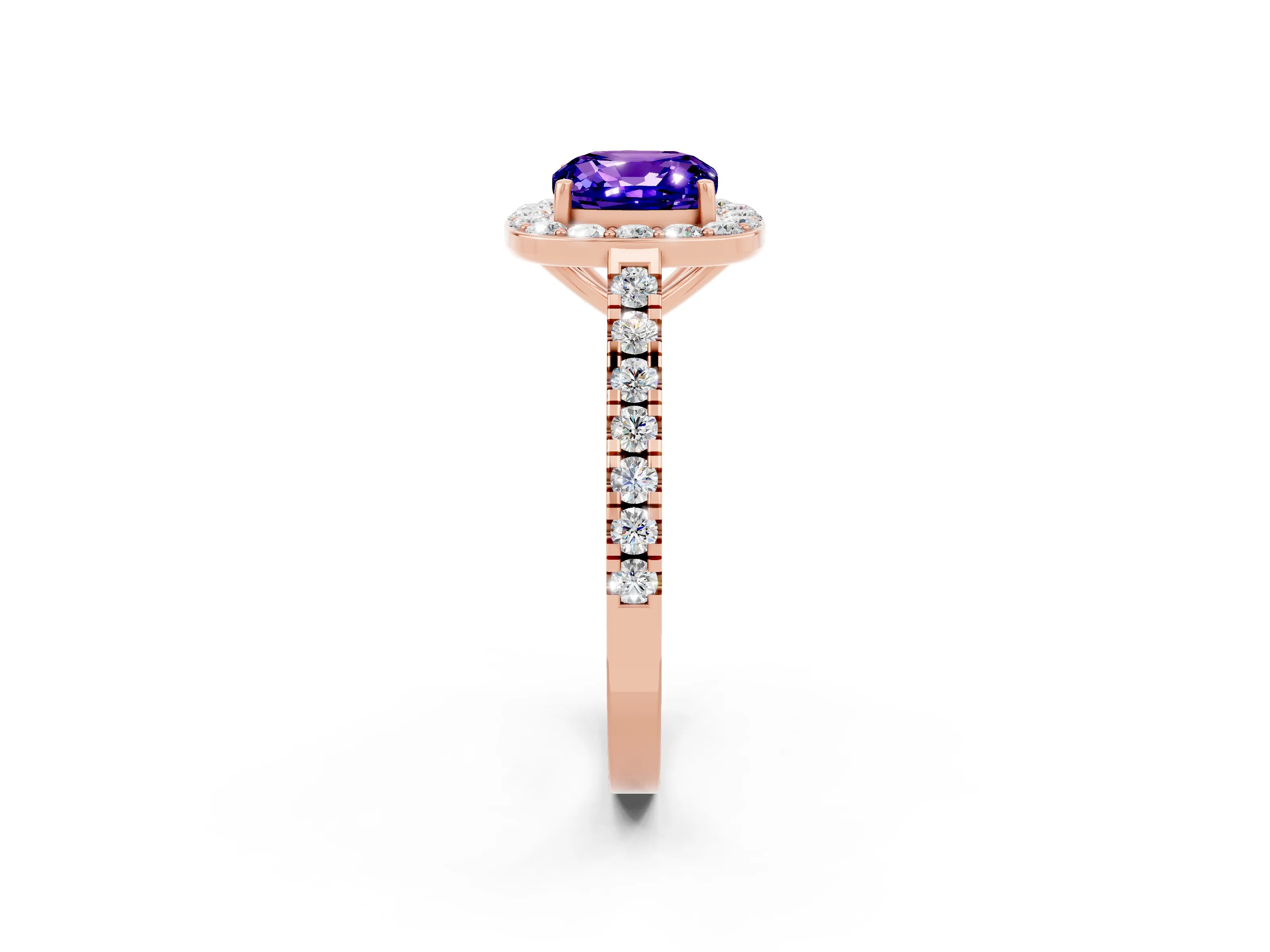 Rose gold Cushion Cut Halo Diamond Ring with Pavé Band and Three-Prong Setting_2