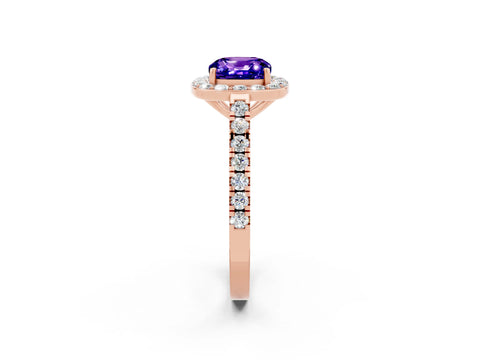 Rose gold Cushion Cut Halo Diamond Ring with Pavé Band and Three-Prong Setting_2