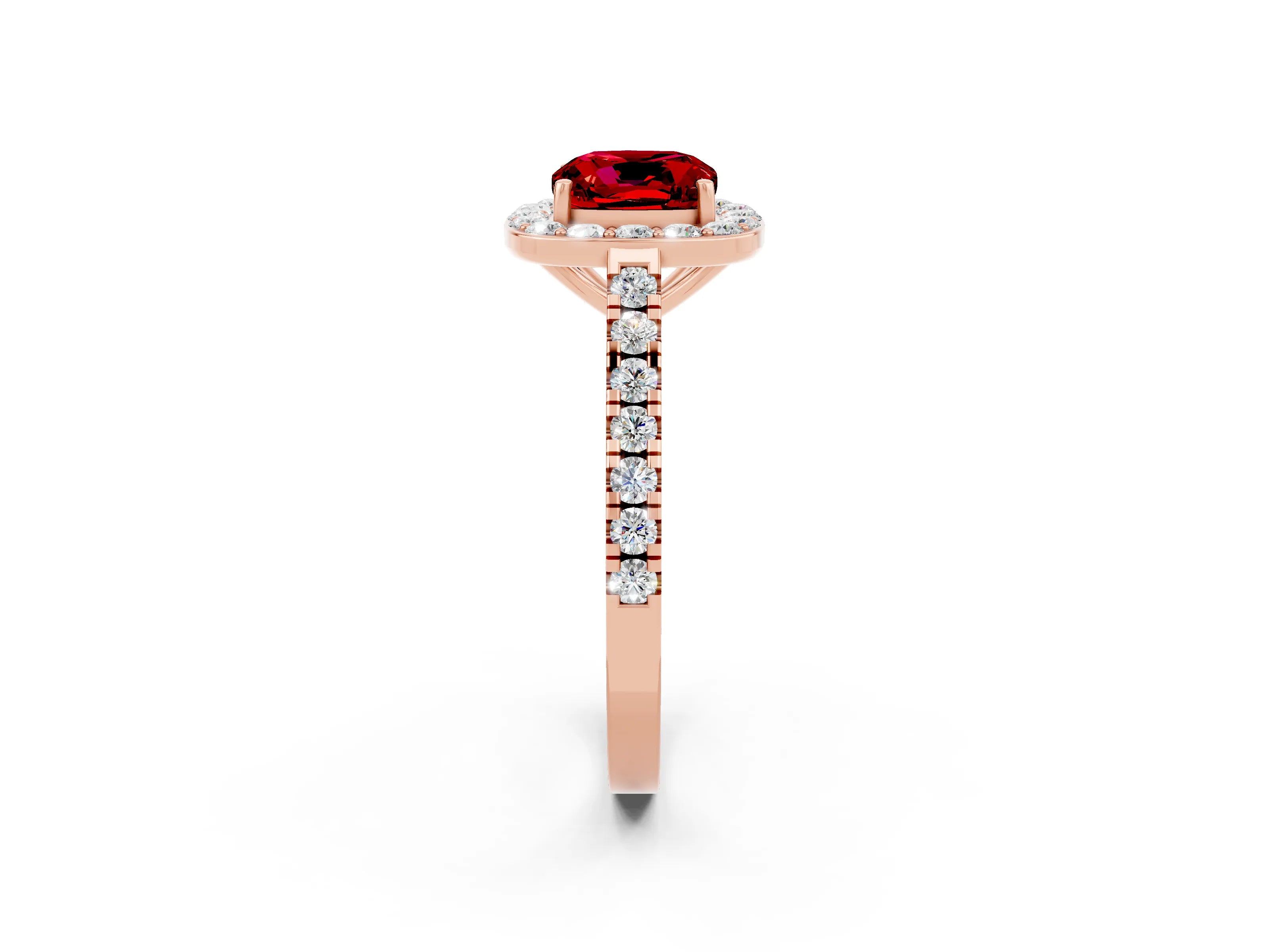 Rose gold Cushion Cut Halo Diamond Ring with Pavé Band and Three-Prong Setting_2