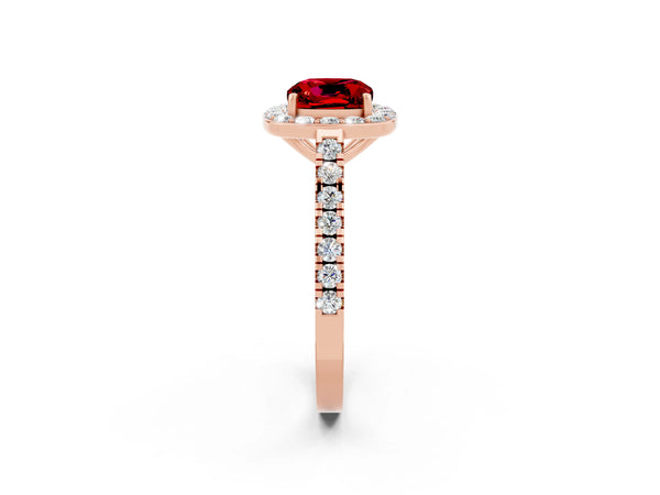 Rose gold Cushion Cut Ruby Halo Ring with Round Pavé Split Shank and Prong Setting
