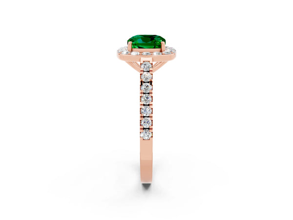 Rose gold Cushion Cut Emerald Halo Ring with Round Pavé Split Shank and Prong Setting