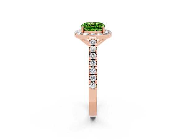 Rose gold Cushion Cut Halo Diamond Ring with Pavé Band and Three-Prong Setting