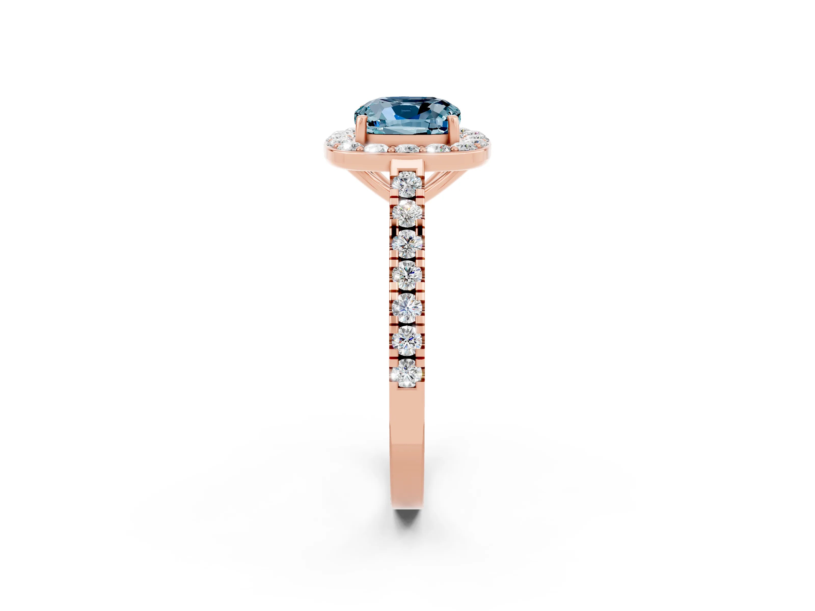 Rose gold Cushion Cut Halo Diamond Ring with Pavé Band and Three-Prong Setting_2