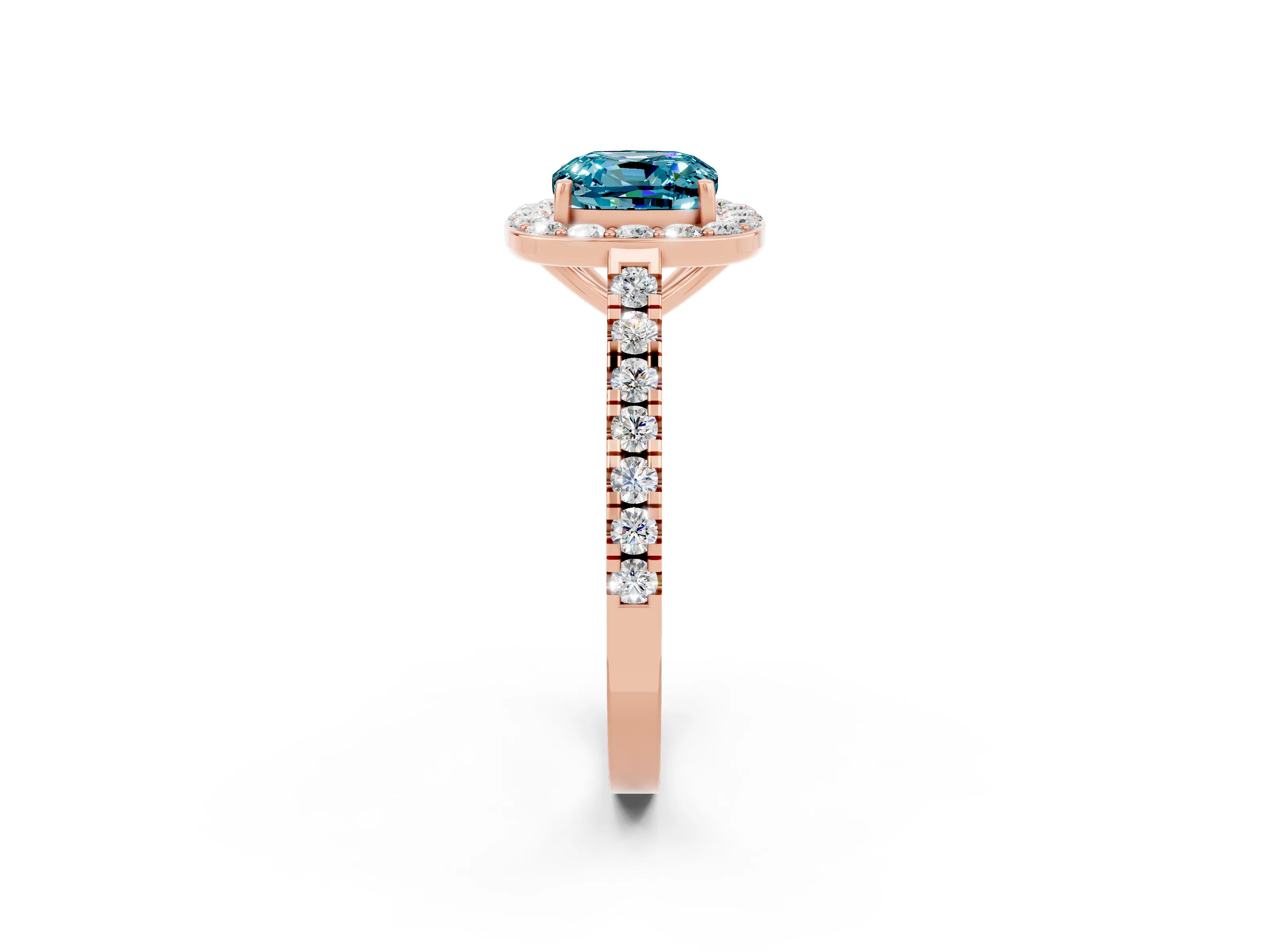 Rose gold Cushion Cut Halo Diamond Ring with Pavé Band and Three-Prong Setting_2