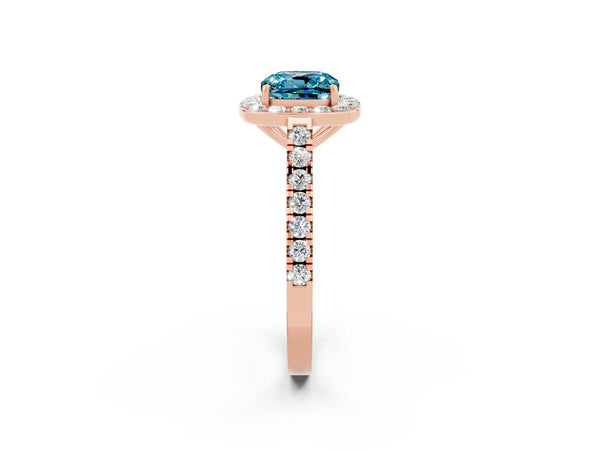 Rose gold Cushion Cut Halo Diamond Ring with Pavé Band and Three-Prong Setting