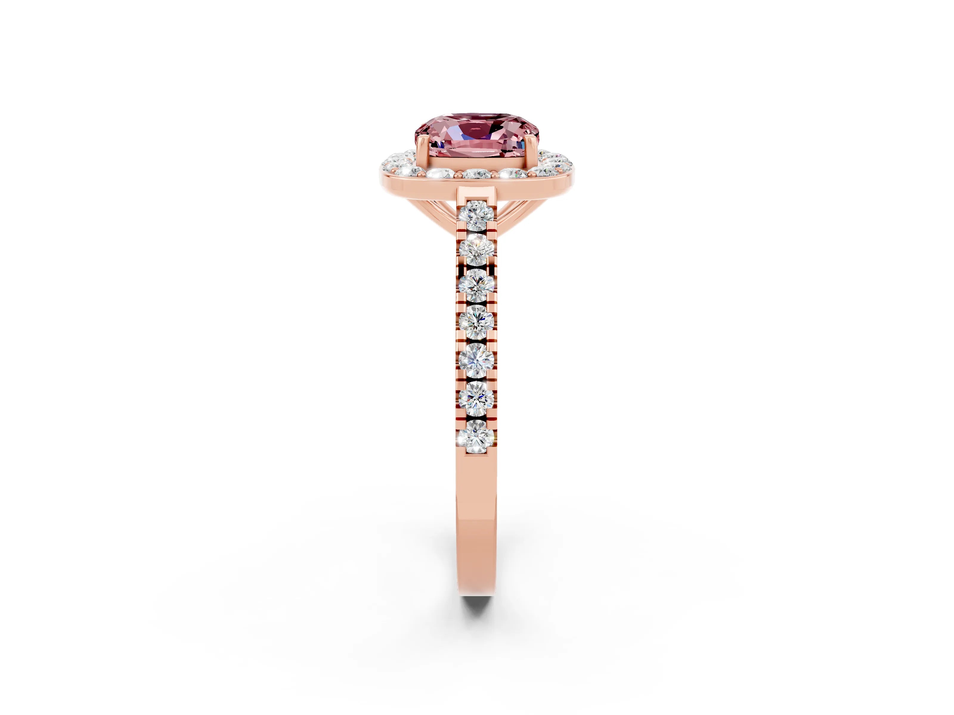 Rose gold Cushion Cut Halo Diamond Ring with Pavé Band and Three-Prong Setting_2