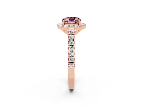 Rose gold Cushion Cut Halo Diamond Ring with Pavé Band and Three-Prong Setting_2