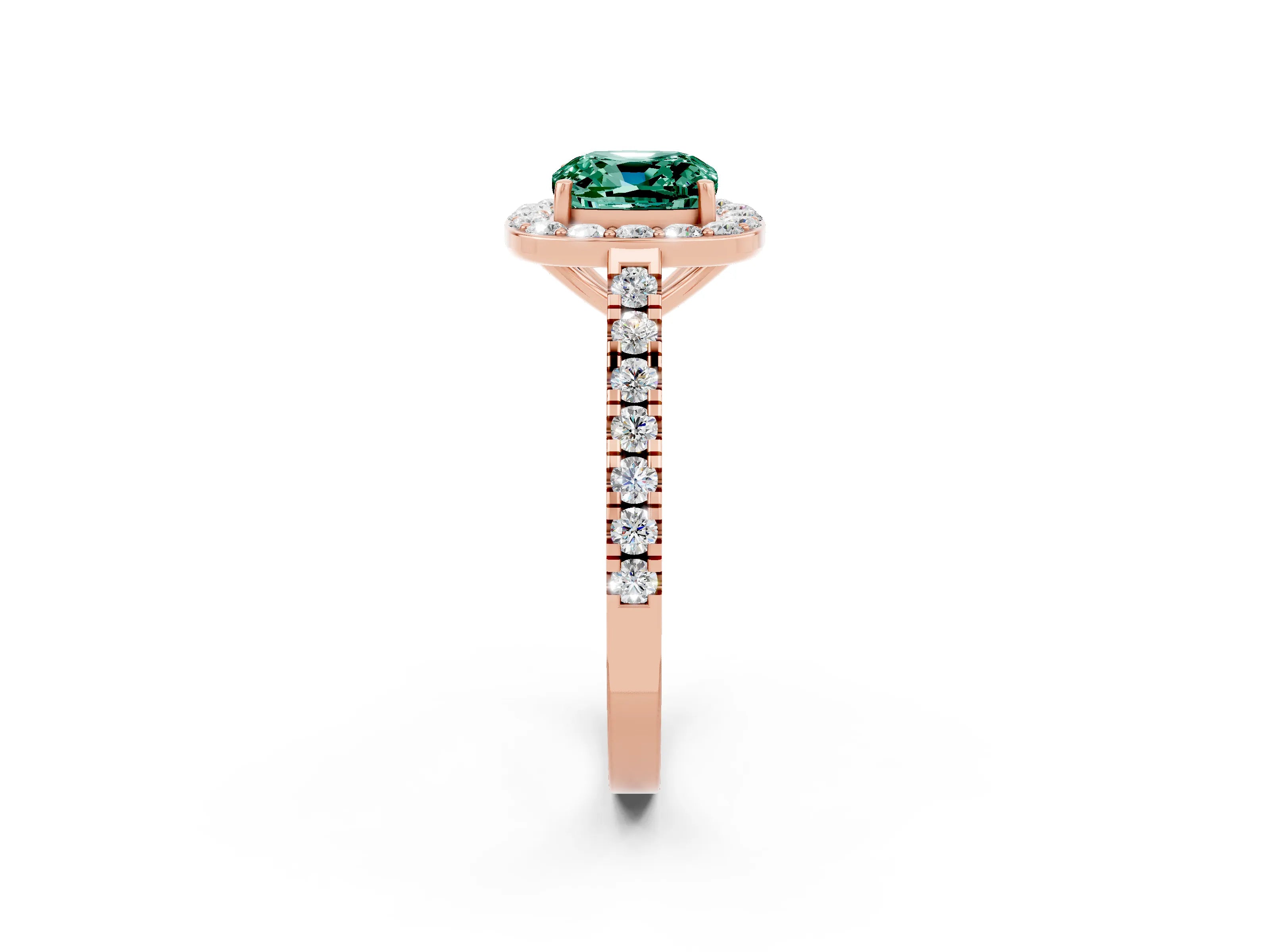 Rose gold Cushion Cut Halo Diamond Ring with Pavé Band and Three-Prong Setting_2