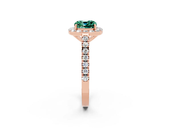 Rose gold Cushion Cut Green Sapphire Halo Ring with Round Pavé Split Shank and Prong Setting