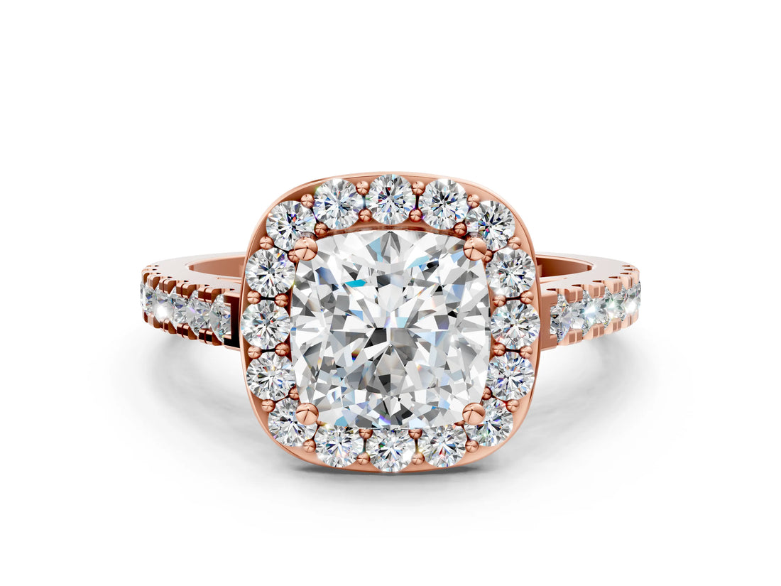 Rose gold Cushion Cut Halo Diamond Ring with Pavé Band and Three-Prong Setting_3