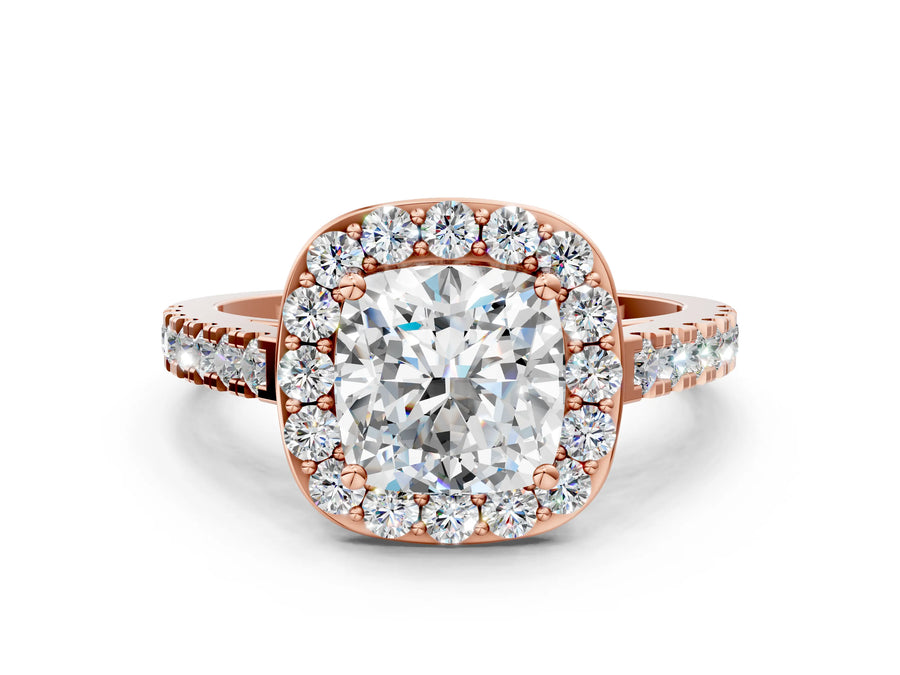 Rose gold Cushion Cut Halo Diamond Ring with Pavé Band and Three-Prong Setting