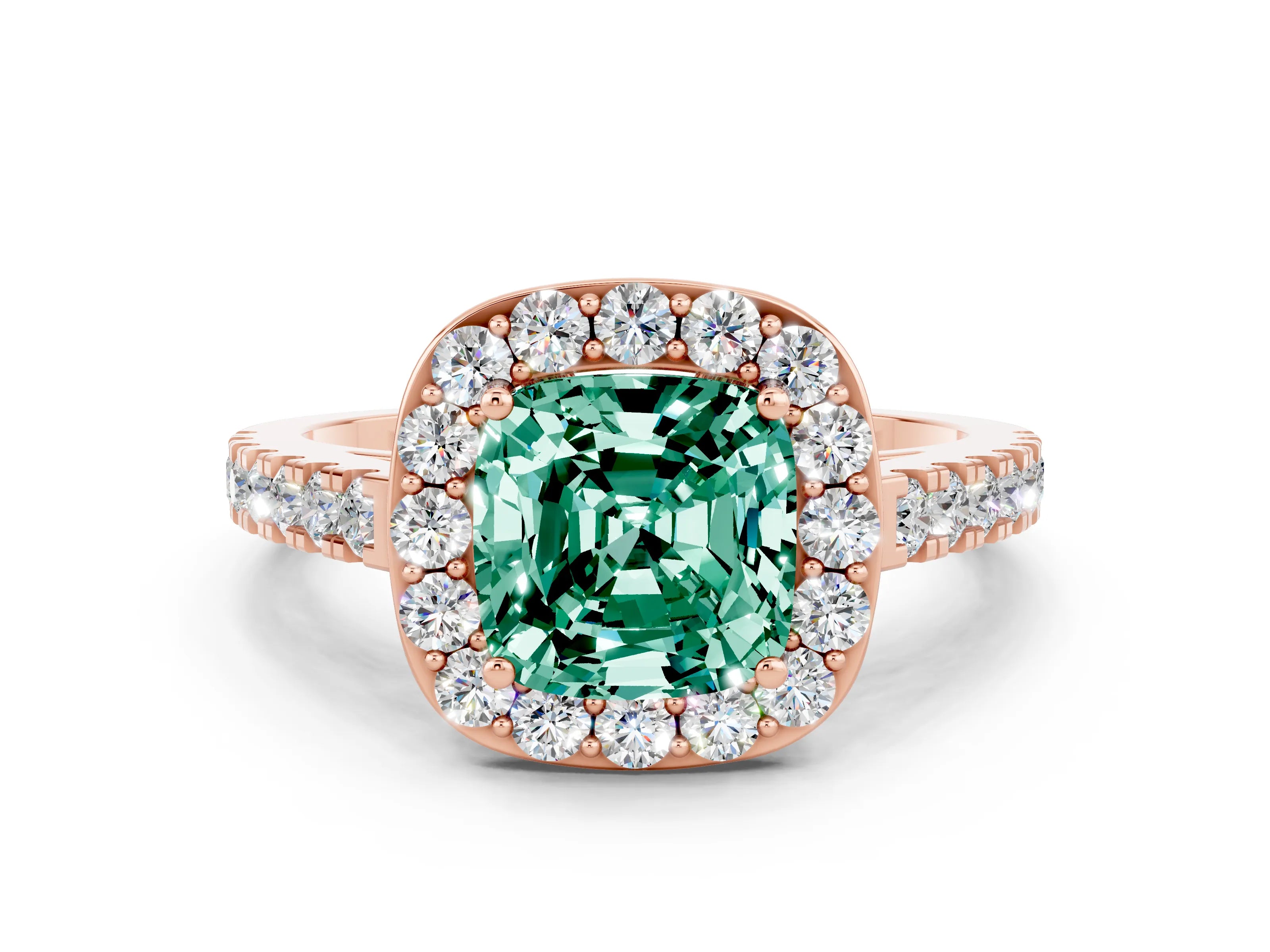 Rose gold Cushion Cut Halo Diamond Ring with Pavé Band and Three-Prong Setting