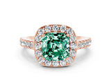 Rose gold Cushion Cut Halo Diamond Ring with Pavé Band and Three-Prong Setting