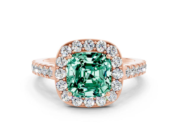 Rose gold Cushion Cut Green Sapphire Halo Ring with Round Pavé Split Shank and Prong Setting