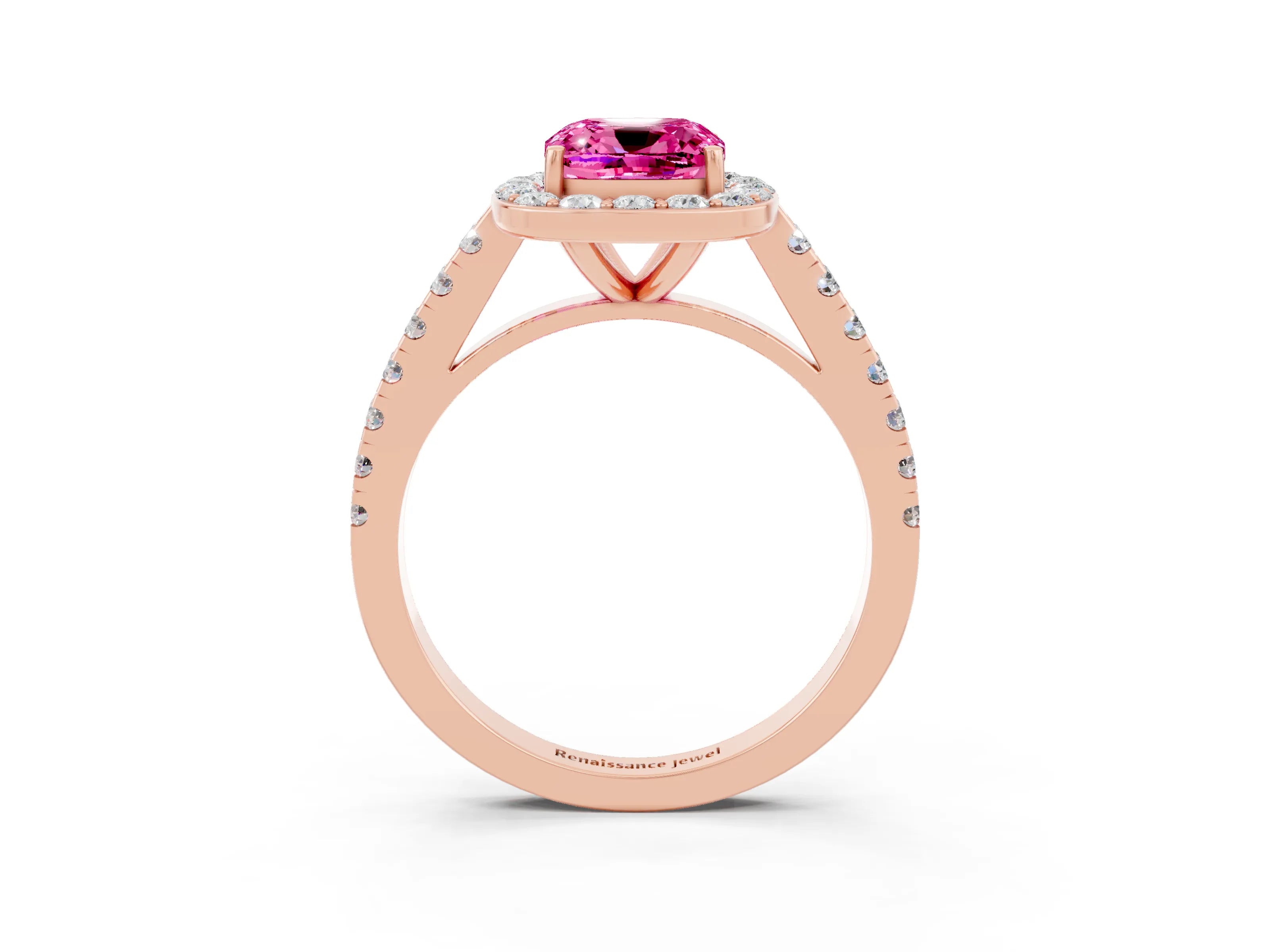 Rose gold Cushion Cut Halo Diamond Ring with Pavé Band and Three-Prong Setting_3