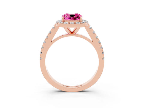 Rose gold Cushion Cut Halo Diamond Ring with Pavé Band and Three-Prong Setting_3