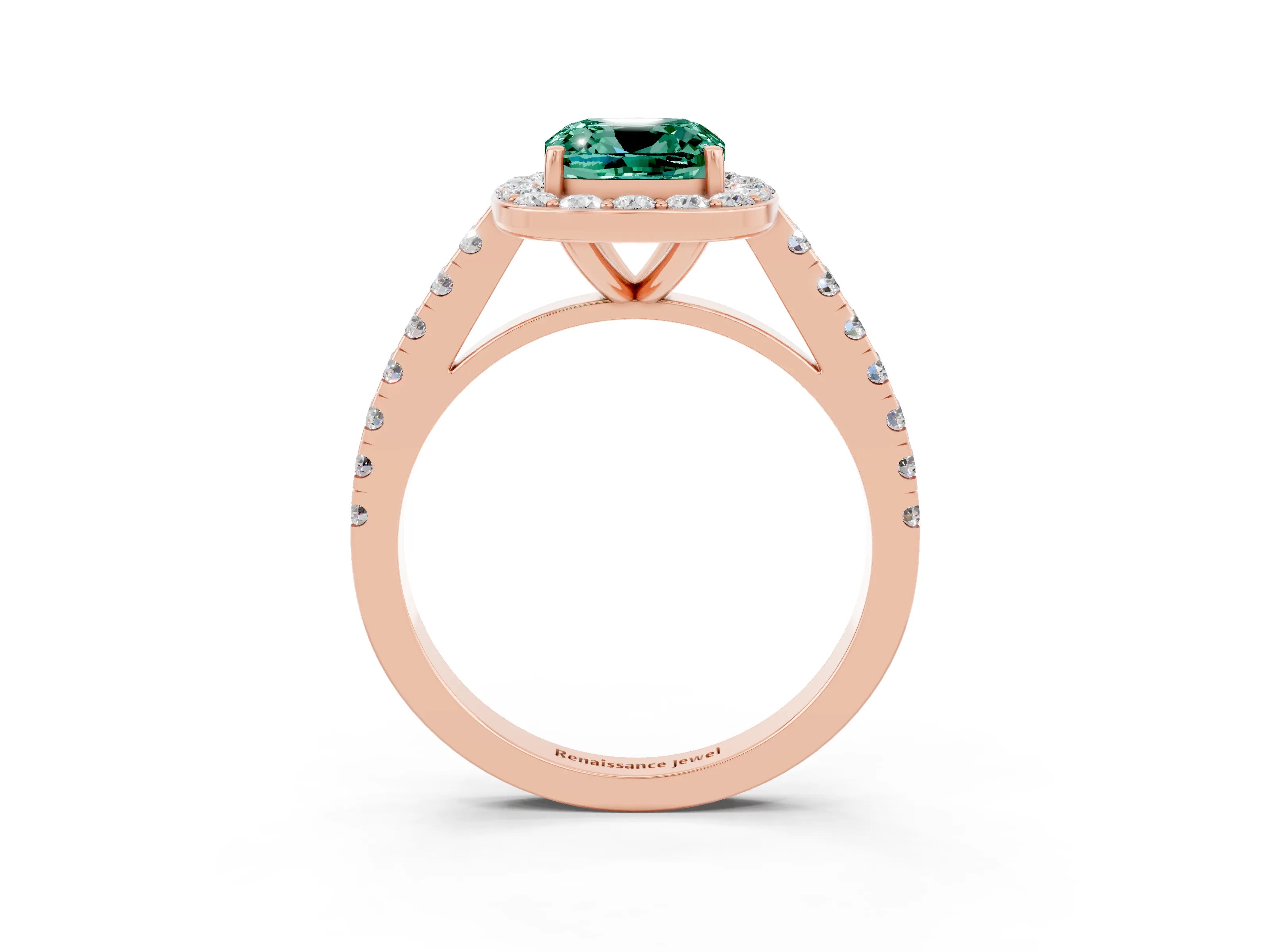 Rose gold Cushion Cut Halo Diamond Ring with Pavé Band and Three-Prong Setting_3