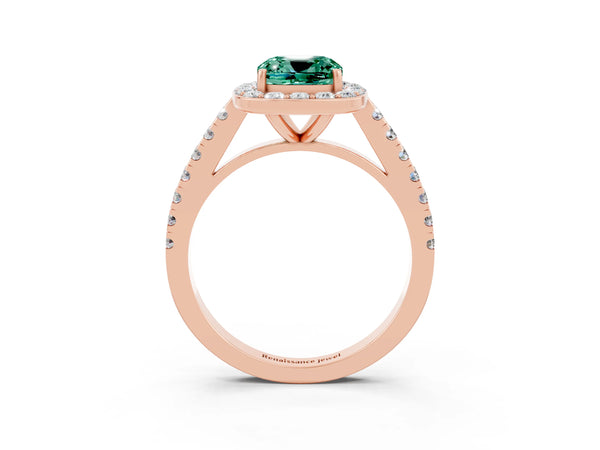 Rose gold Cushion Cut Green Sapphire Halo Ring with Round Pavé Split Shank and Prong Setting