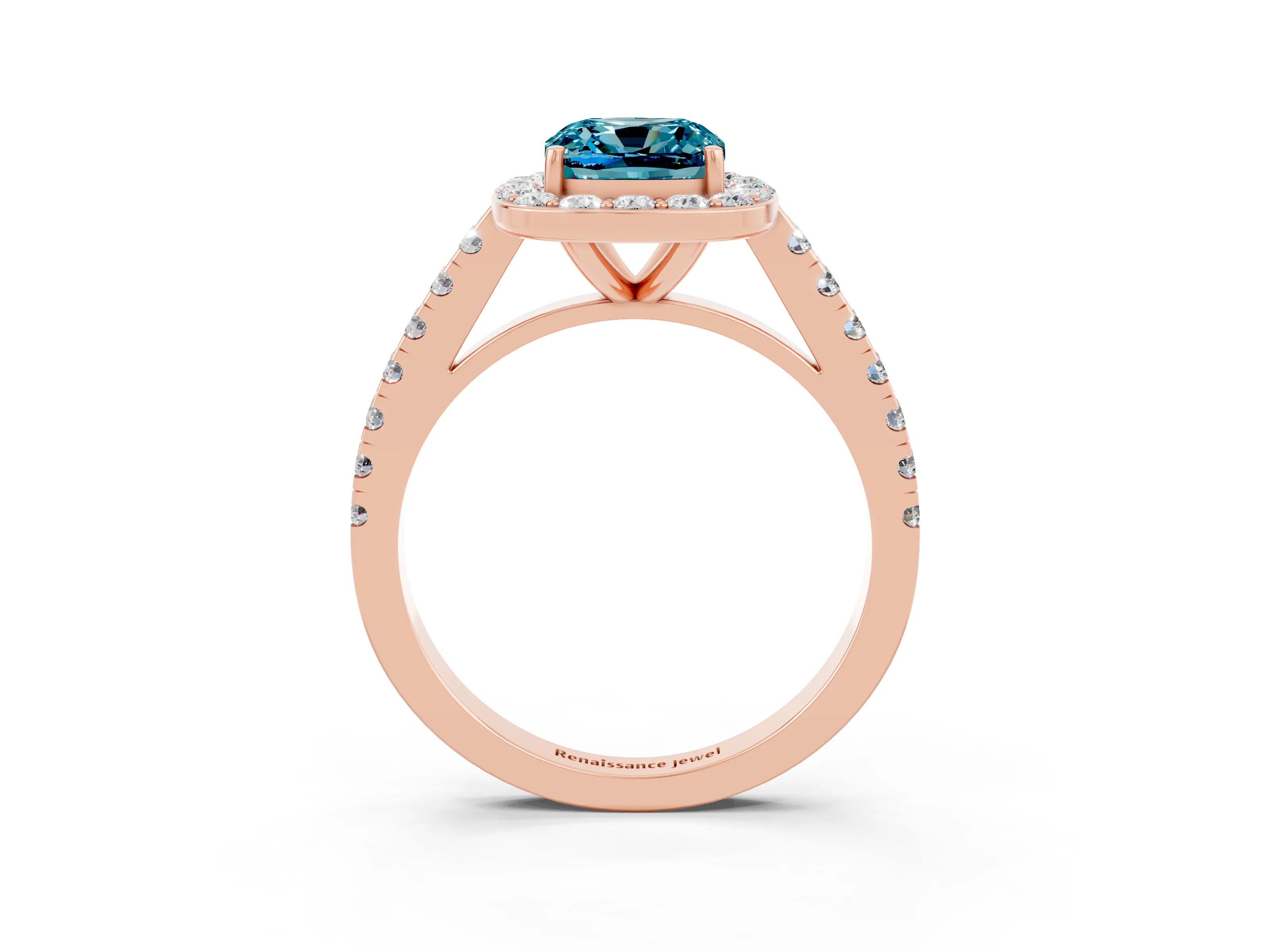 Rose gold Cushion Cut Halo Diamond Ring with Pavé Band and Three-Prong Setting_3
