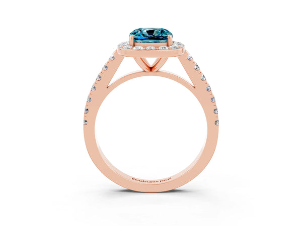 Rose gold Cushion Cut Halo Diamond Ring with Pavé Band and Three-Prong Setting